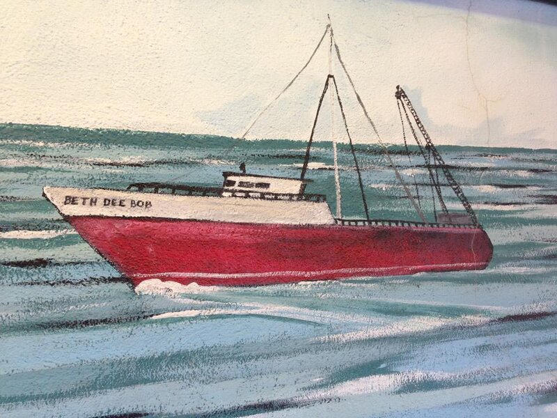 Painting of a red and white boat on the water